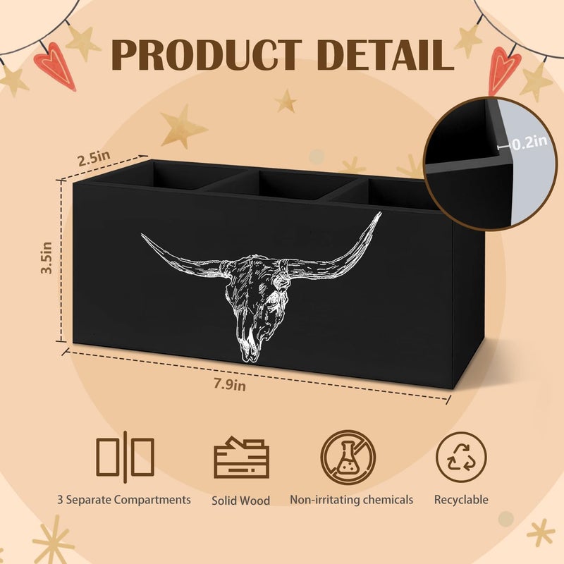 KBRCT Western Cow Skull Wooden Utensils Holder, Black Desert Cow Bull Horn Skull Wood Cooking Utensil Holder Organizer for Kitchen Countertop Counter Decor Accessories - Image 3
